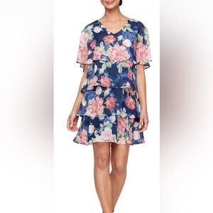 S.L. Fashions 9172105 - Floral Tiered Short Dress with Capelet Sleeves Sz 10